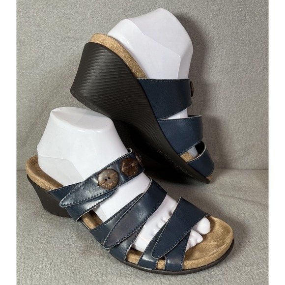 Nicole Navy Blue Wedge Sandals Size 9 Wide Strappy Comfortable Slip On Wedge - Picture 1 of 9